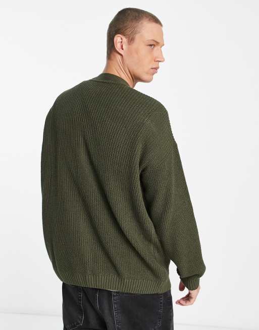 ASOS DESIGN knitted oversized fisherman rib cardigan in washed khaki, 3 of 4