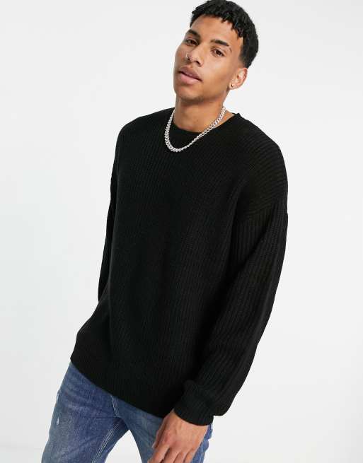 ASOS DESIGN knitted oversized fisherman rib jumper in black | ASOS