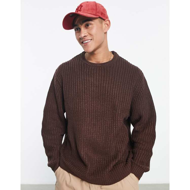 ASOS DESIGN knitted oversized fisherman rib jumper in brown