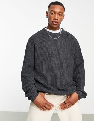 ASOS DESIGN knitted oversized fisherman rib jumper in charcoal