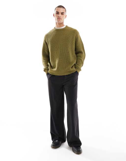 ASOS DESIGN knitted oversized fisherman rib jumper in khaki