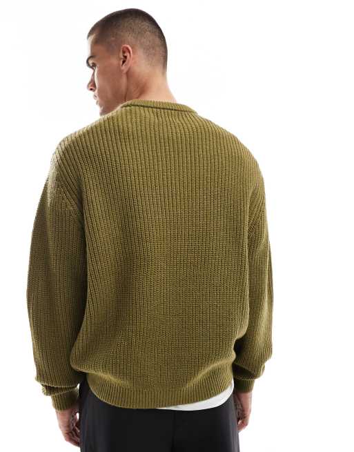ASOS DESIGN knitted oversized fisherman rib jumper in khaki