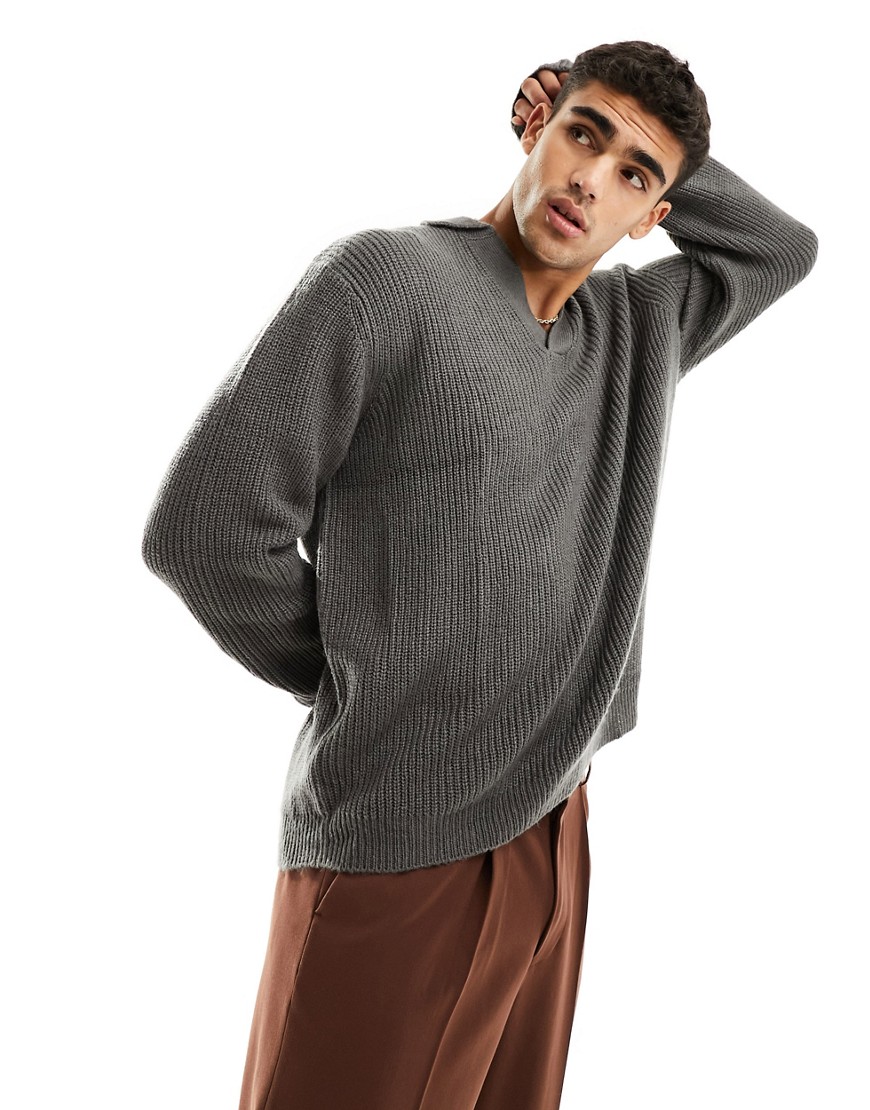 ASOS DESIGN knitted oversized fisherman rib notch neck jumper in charcoal-Grey