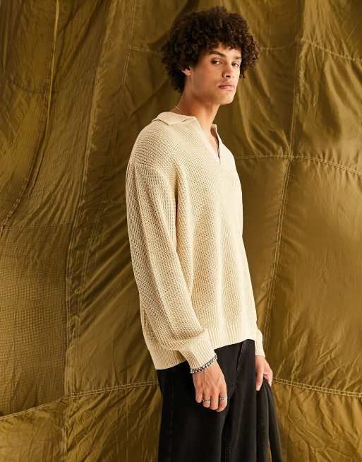 ASOS DESIGN knitted oversized fisherman rib notch neck jumper in