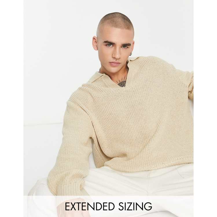 ASOS DESIGN knitted oversized fisherman rib notch neck jumper in