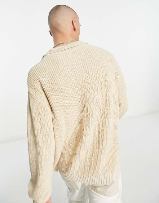 ASOS DESIGN knitted oversized fisherman rib notch neck jumper in