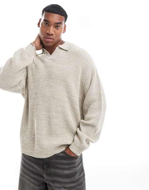 ASOS DESIGN knitted oversized fisherman rib notch neck jumper in oatmeal twist - view 1
