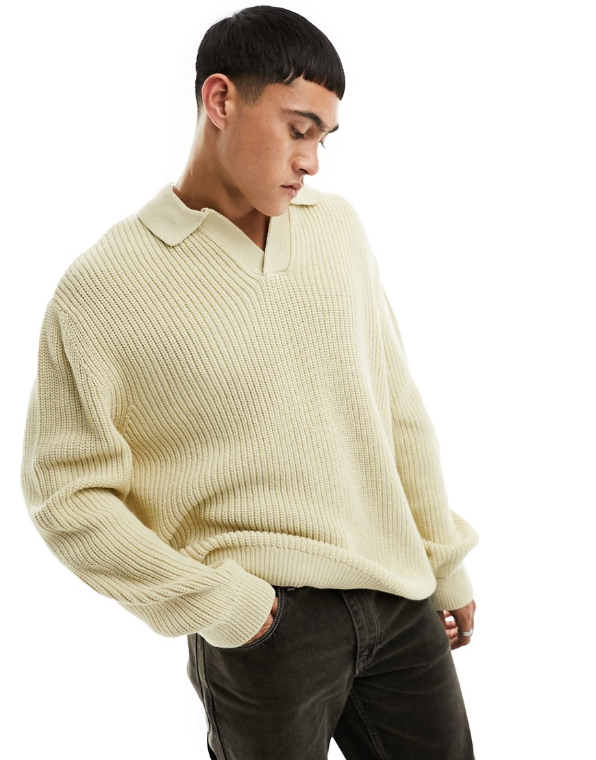 ASOS DESIGN knitted oversized fisherman rib notch neck jumper in oatmeal-Neutral