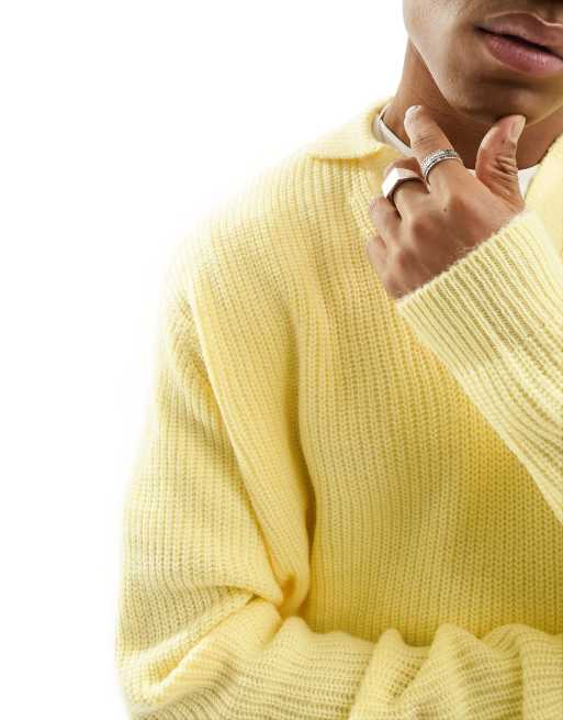 ASOS DESIGN knitted oversized fisherman rib notch neck jumper in yellow, 3 of 4