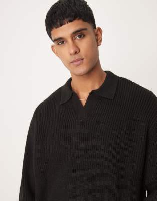 Asos Design Knitted Oversized Fisherman Rib Notch Neck Sweater In Black