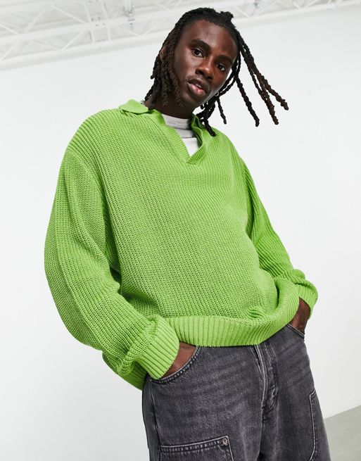 ASOS DESIGN knitted oversized fisherman rib notch neck sweater in green