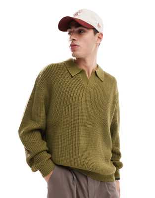 knitted oversized fisherman rib notch neck sweater in khaki-Green