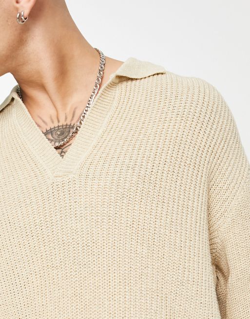 ASOS DESIGN knitted oversized fisherman rib notch neck sweater in oatmeal  twist