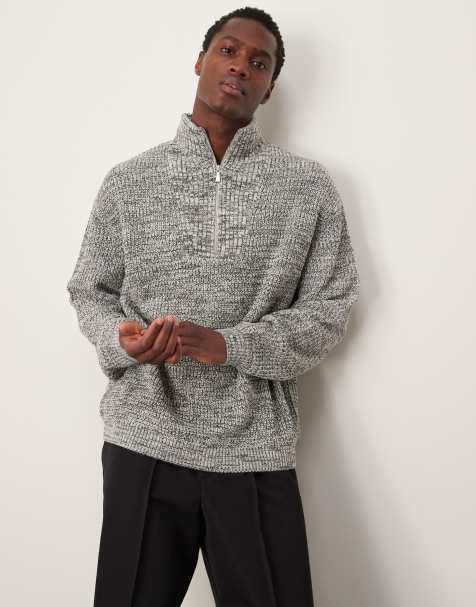 ASOS DESIGN knitted oversized fisherman rib quarter zip jumper in grey - view 1