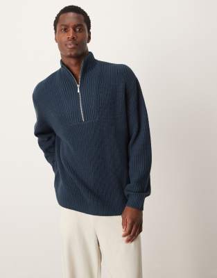 knitted oversized fisherman rib quarter zip sweater in navy