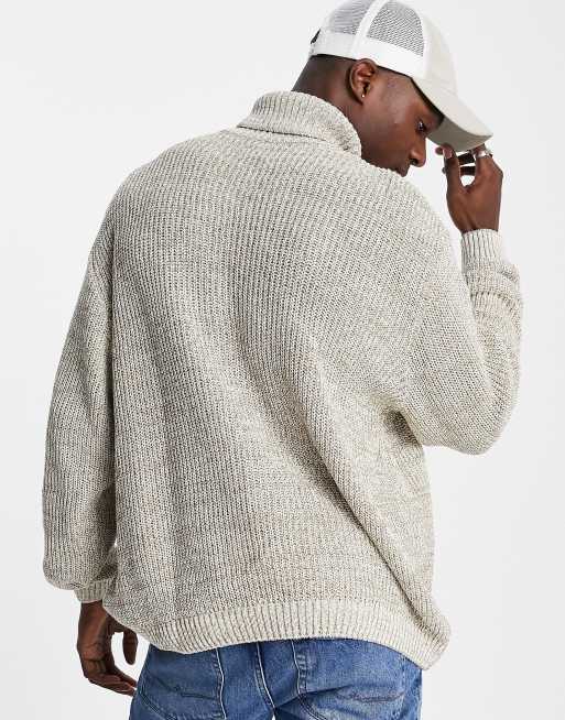 ASOS DESIGN knitted oversized fisherman rib roll neck jumper in oatmeal, 2 of 4