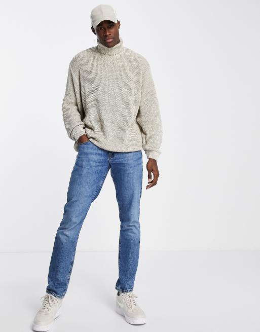 ASOS DESIGN knitted oversized fisherman rib roll neck jumper in oatmeal, 3 of 4