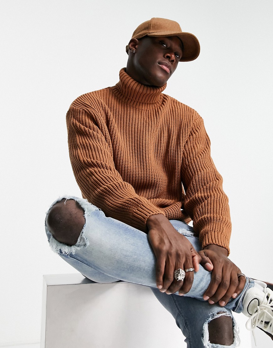 ASOS DESIGN knitted oversized fisherman rib roll neck sweater in brown