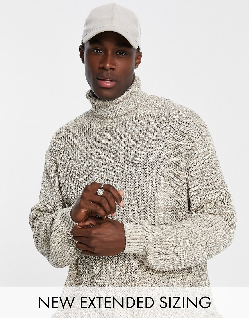 ASOS DESIGN knitted oversized fisherman rib roll neck sweater in oatmeal-Neutral