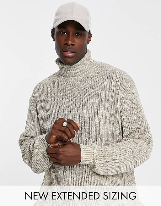 ASOS DESIGN knitted oversized fisherman rib roll neck sweater in oatmeal |  ASOS