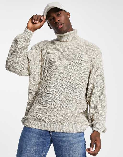 ASOS DESIGN knitted oversized fisherman rib roll neck sweater in oatmeal