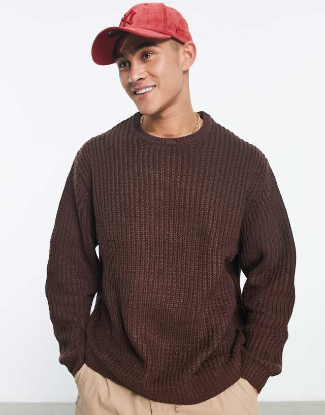 ASOS DESIGN knitted oversized fisherman rib sweater in brown