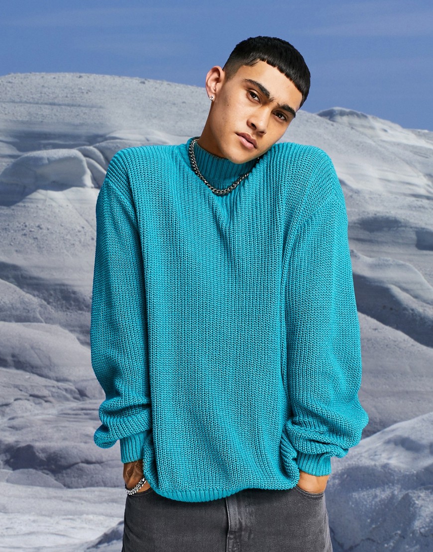 ASOS DESIGN knitted oversized fisherman rib turtle neck sweater in teal-Green