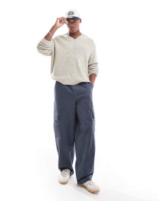 Asos Design Knitted Oversized Fisherman Rib V-neck Sweater In Oatmeal Twist-neutral
