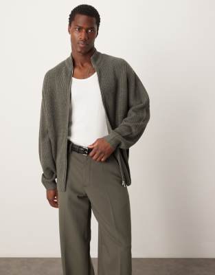 Asos Design Knitted Oversized Fisherman Rib Zip Through In Gray