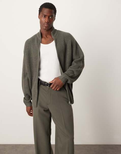 ASOS DESIGN knitted oversized fisherman rib zip through in grey - view 1