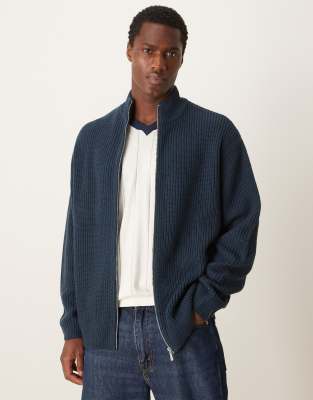 knitted oversized fisherman rib zip through in navy