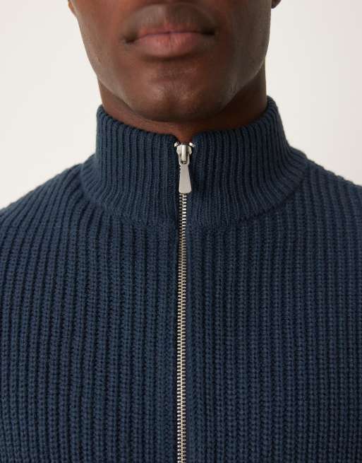 ASOS DESIGN knitted oversized fisherman rib zip through in navy | ASOS