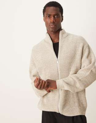 Asos Design Knitted Oversized Fisherman Rib Zip Through In Oatmeal Twist-neutral
