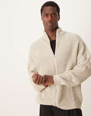 knitted oversized fisherman rib zip through in oatmeal twist-Neutral