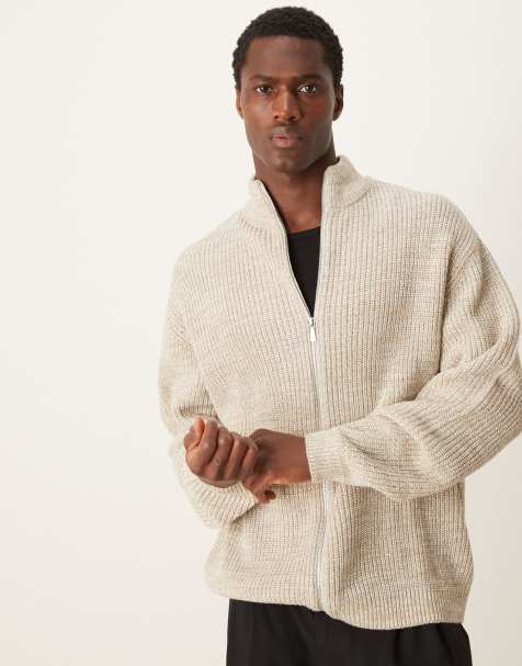ASOS DESIGN knitted oversized fisherman rib zip through in oatmeal twist - view 1