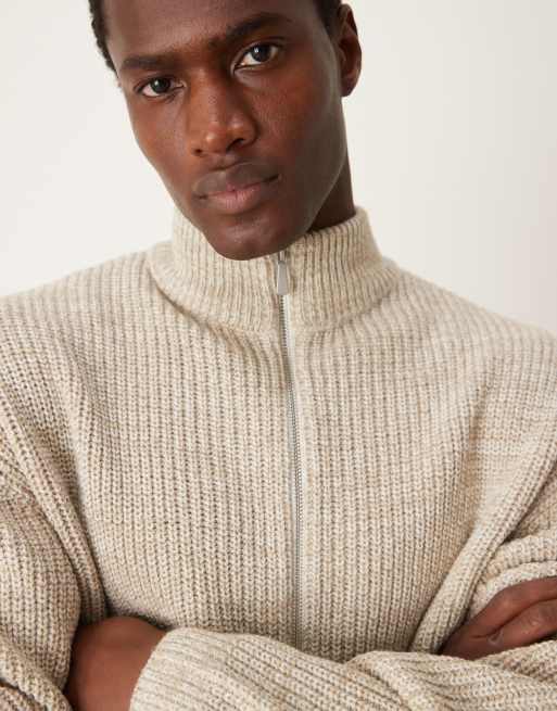 ASOS DESIGN knitted oversized fisherman rib zip through jumper in oatmeal twist, 3 of 4