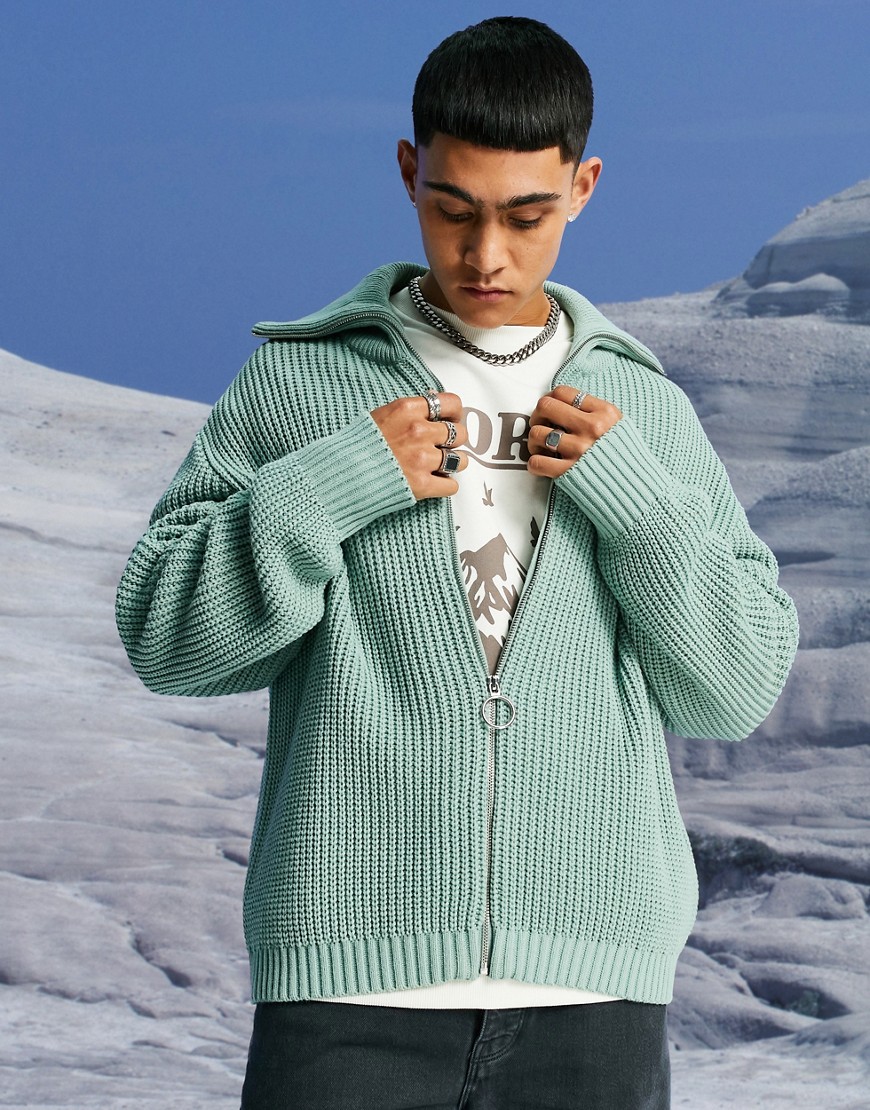 ASOS DESIGN knitted oversized fisherman rib zip through sweater in mint-Green