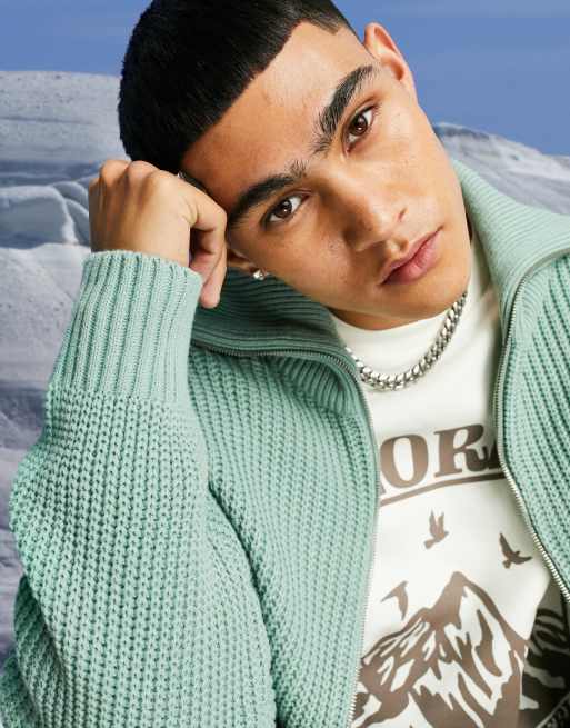 ASOS DESIGN knitted oversized fisherman rib zip through sweater in mint, 2 of 4