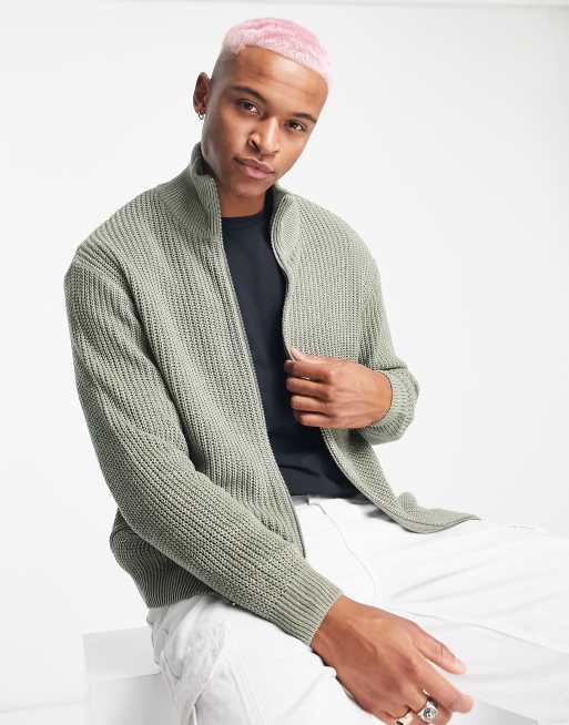ASOS DESIGN knitted oversized fisherman rib zip through sweater in sage green