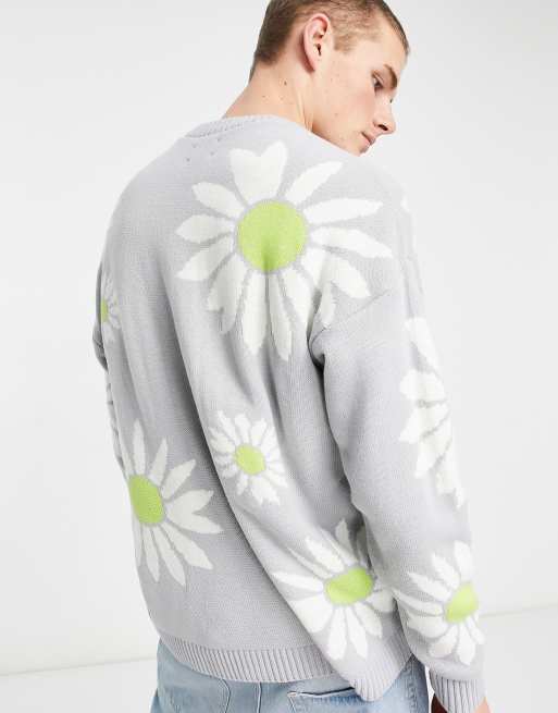 ASOS DESIGN knitted oversized floral jumper in grey