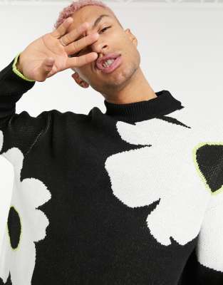 ASOS DESIGN knitted oversized floral sweater in black | ASOS