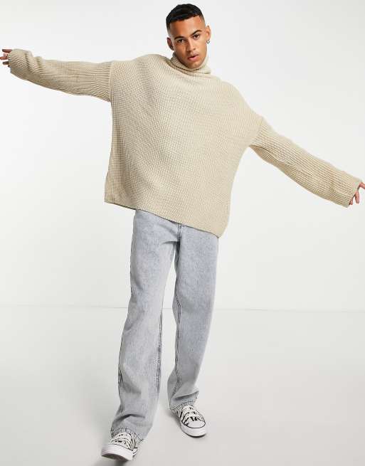 ASOS DESIGN knitted oversized funnel neck jumper in beige