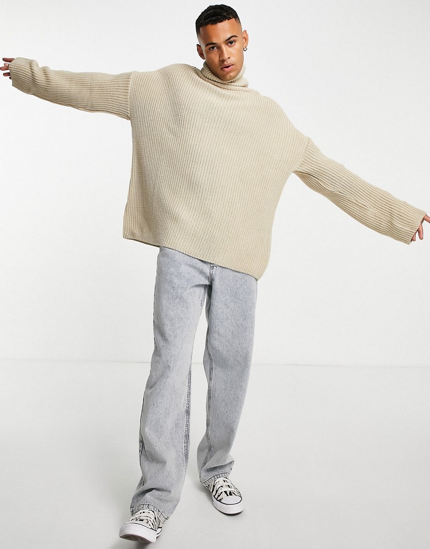 ASOS DESIGN knitted oversized funnel neck sweater in beige-White