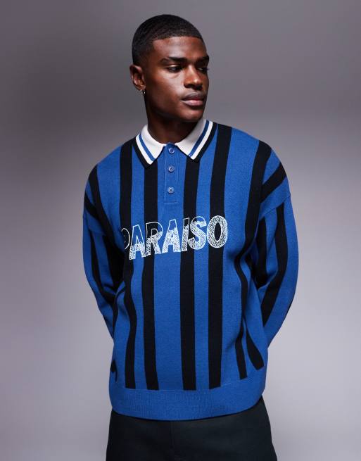 ASOS DESIGN knitted oversized graphic polo shirt in blue stripe