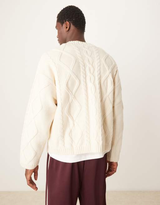 ASOS DESIGN knitted oversized heavyweight wool mix cable jumper with crew neck in oatmeal, 2 of 4