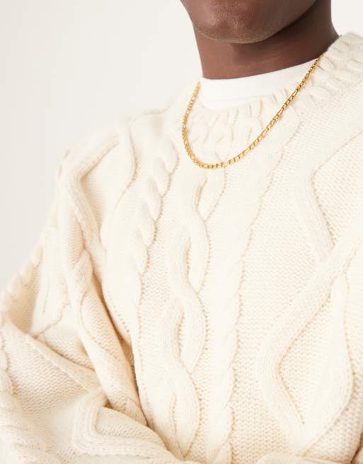 ASOS DESIGN knitted oversized heavyweight wool mix cable jumper with crew neck in oatmeal, 4 of 4