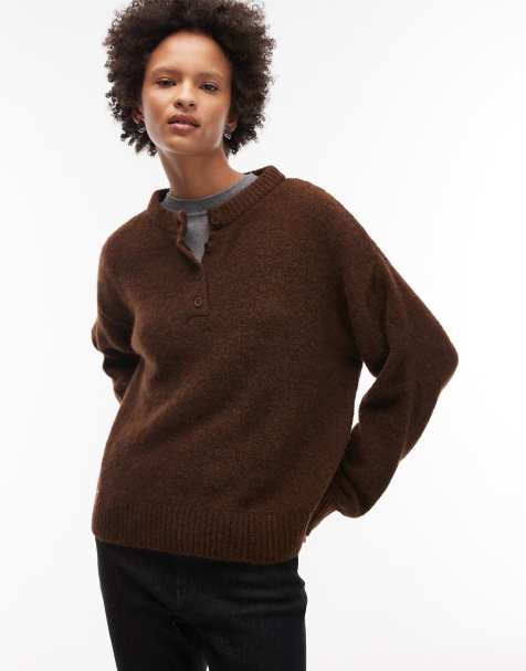 ASOS DESIGN knitted oversized henley jumper with wool in chocolate - view 1