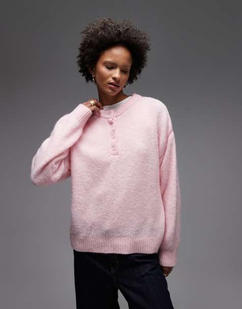 ASOS DESIGN knitted oversized henley jumper with wool in pink - view 1