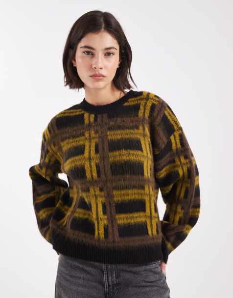 ASOS DESIGN knitted oversized jumper in brushed khaki check