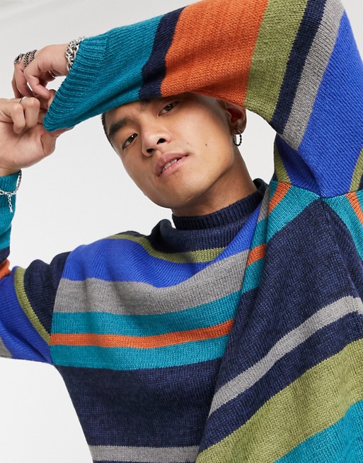 ASOS DESIGN knitted oversized jumper in green and navy stripes